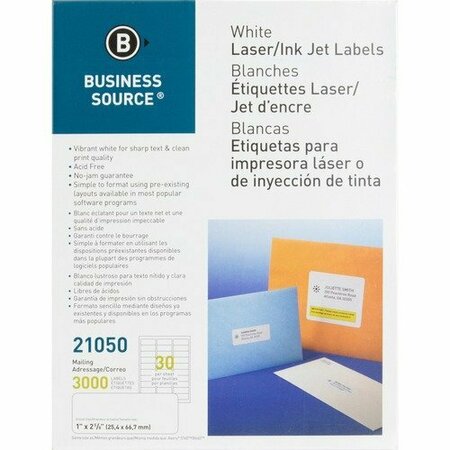 BUSINESS SOURCE Mailing Labels, Laser/Injket, 1inx2-5/8in, White, 3000PK BSN21050